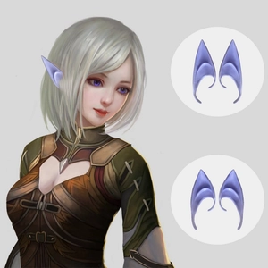 Detailed close-up of blue latex cosplay elf ears shown on a model and as standalone props