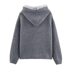 Women's dark grey hooded knit cardigan with plush fur trim and ribbed cuffs