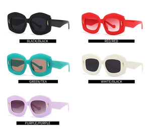 Detailed views of irregular polygon sunglasses in black, red, green, white, and purple