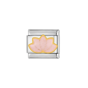 Italian modular charm in silver steel with a gold-bordered pink lotus design