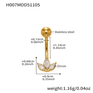 Detailed technical diagram showing dimensions and zircon setting of golden belly button ring