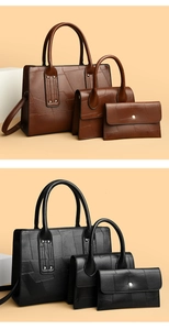 Detailed view of crocodile pattern three-piece handbag set in brown and black faux leather