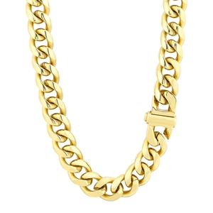 Polished gold 13mm Cuban chain necklace with square buckle clasp on white background