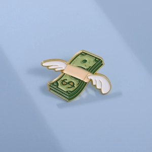 Creative flying dollar bill metal enamel brooch with wings for clothing accessories
