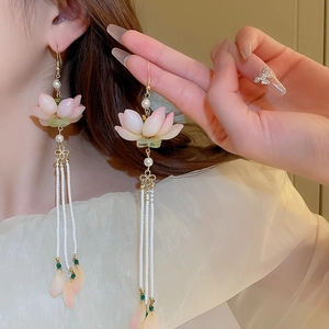 Pink lotus flower earrings with beaded tassels in an elegant traditional Chinese style