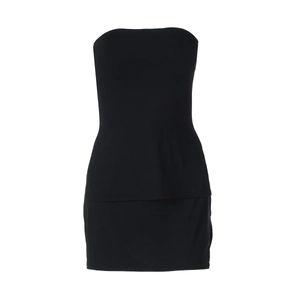 Detail of a black strapless bodycon two-piece set with layered skirt on white background