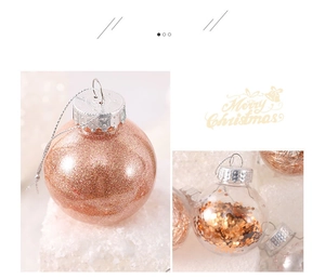 Detail of rose gold glitter and gold sequin filled clear Christmas ball ornaments