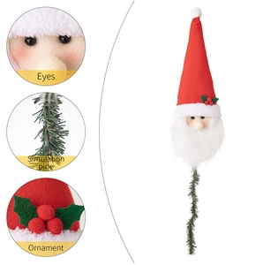 Detail view of Santa gnome ornament showing eyes, simulation pine tail and hat texture