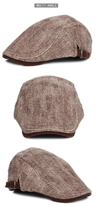 Multi-angle view of vintage brown textured flat cap with corduroy brim and side buckles