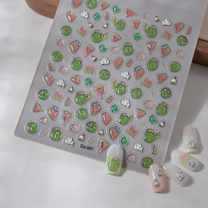 Macro detail of watermelon and rabbit themed 3D nail art stickers Co-347 for summer manicures