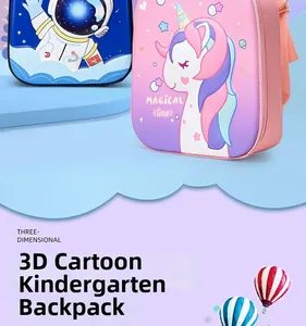 Detail view of 3D cartoon astronaut and unicorn designs on waterproof preschool backpacks