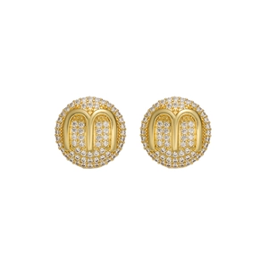 18K gold-plated round stud earrings featuring zircon pavé and an embossed letter M
