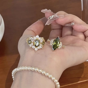 14k gold plated vintage rings with oval green zircon and marquise emerald stones