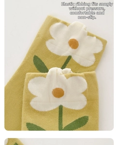 Dettaglio del polsino elastico a costine su calze di cotone giallo senape con fiori bianchi
