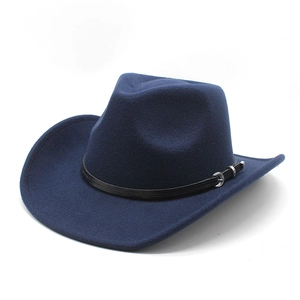 Detail of navy wool cowboy hat featuring a black leather band and silver metal buckle