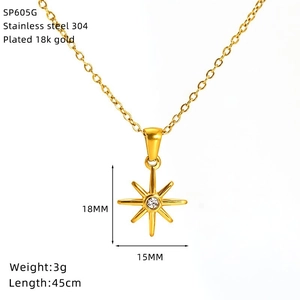 Gold plated stainless steel North Star pendant necklace with clear zircon stone