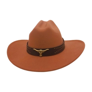 Chapeau de cowboy western marron orange avec bande en cuir et ornement tête de taureau