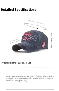 Détails de la casquette de baseball délavée avec dimensions et sangle réglable au dos