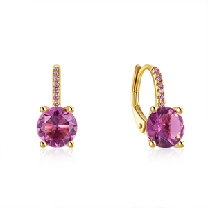 Detailed view of luxury gold hoop earrings with round purple crystals and pave setting