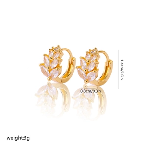 Detailed view of gold hoop earrings with marquise cut zircon leaves and size dimensions