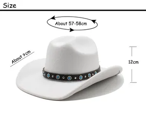 Size guide for white wool felt cowboy hat featuring dimensions and turquoise belt detail