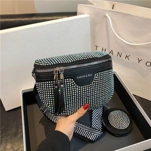 Fashionable black rhinestone waist bag with wide strap and matching round coin purse