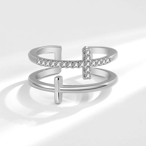 Minimalist double-layered silver cross open ring with sparkling white cubic zirconia