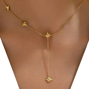 Elegant gold-tone stainless steel Y-shaped necklace featuring four starburst pendants