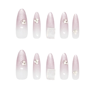 Handmade gradient purple cat eye press-on nails with glitter and square diamond gems