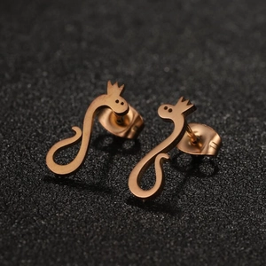 Cute rose gold snake stud earrings with crown detail and polished metal finish