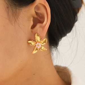 18k gold plated stainless steel five-petal flower stud earring with pink bead accents