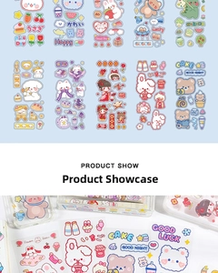 Macro detail of cute cartoon animal PET stickers showing creative stationery DIY usage