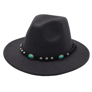 Detailed macro view of charcoal wool fedora with leather band and turquoise studs