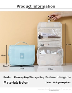 Hanging nylon travel makeup bag showing folded and expanded dimensions with hook