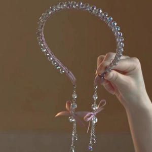 Crystal Beaded Headband For Women With Ribbon Bow And Long Chain Tassel Elegant Fashion Hair Accessories