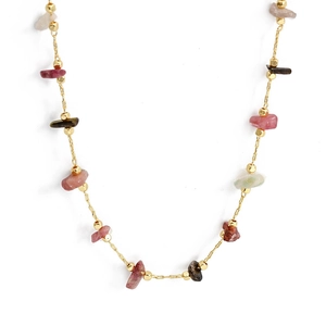 Bohemian style gold chain necklace with colorful irregular natural stone beads