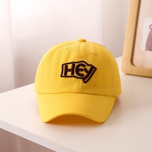Yellow kids baseball cap with HEY embroidery, breathable cotton sun hat for children