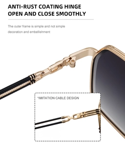 Detail of sunglasses featuring rust-proof metal hinges and cable-textured temples