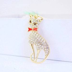 Cute Rhinestone Cat Keychain Gold Zinc Alloy Animal Pendant With Red Bow Enamel Fashion Bag Charm Key Ring For Women Gift