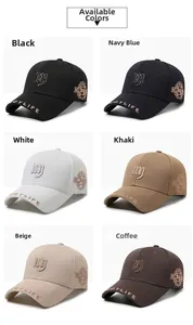 Detail showcasing six color variants of baseball caps with NY embroidery and side badges