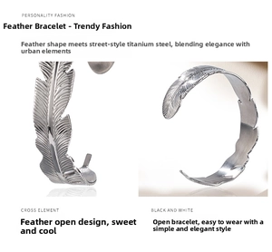 Macro view of polished stainless steel feather bracelet with intricate textured details
