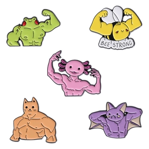 Funny fitness animal enamel pins featuring muscular frog, cat, bee, and bat set