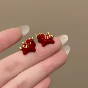 18k gold plated flying dragon stud earrings with vibrant red enamel on fingers