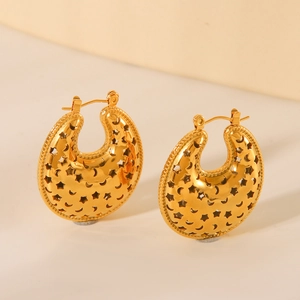 Golden titanium steel crescent moon and star cutout hoop earrings with metallic finish
