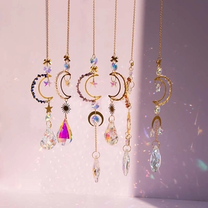 Crystal Suncatcher Hanging Ornament Moon Star Gold Metal Prism Rainbow Maker Home Garden Window Decoration Natural Stone