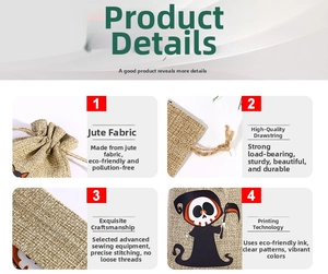 Detailed views of Halloween burlap gift bag showing drawstring closure and reaper print