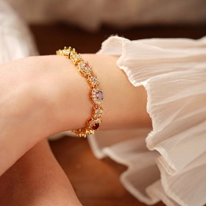 18K gold plated bracelet featuring colorful oval gemstones and luxury flower design