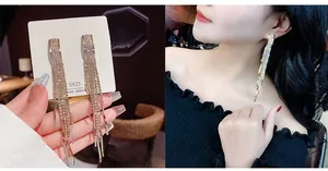 Detail of S925 silver needle tassel earrings with gold plating and sparkling rhinestones