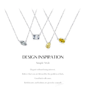 Detail of four S925 silver necklaces with marquise, rectangle, pear, and oval cut gems