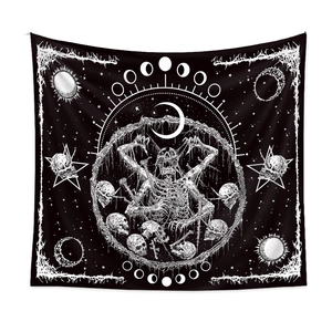 Gothic black and white tapestry featuring a skull and pentagram in dark mystic style